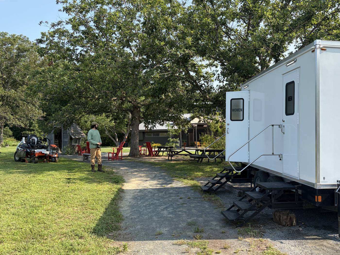 Restroom trailer with separate men and women entrances at an outdoor Eastern Shore venue